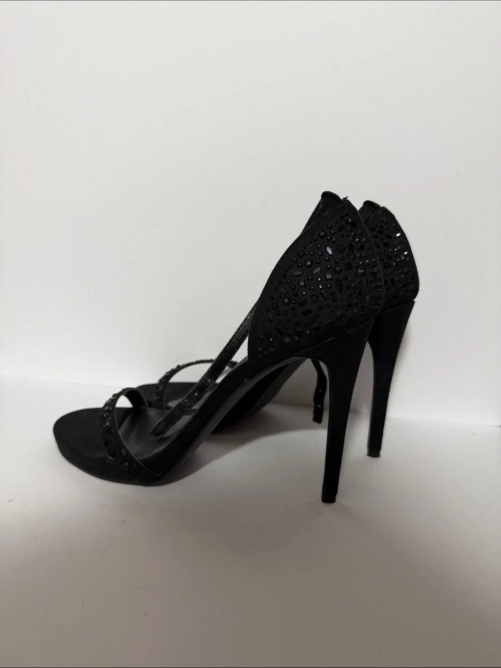 Chinese Laundry Black Suede Crystal-Embellished Ankle-Strap Heels